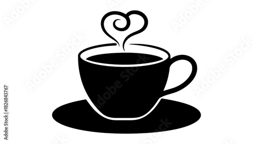Black silhouette of coffee cup with heart shaped steam on white space