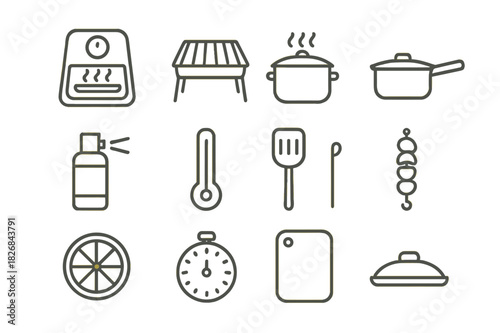Low-Fat Cooking Icons. Low-fat cooking techniques. Line icon set of low-fat cooking techniques: air fryer, grill, steaming pot, saucepan, olive oil spray,