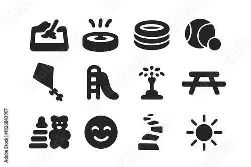 Outdoor Fun Icons. Outdoor entertainment. Solid icon set of Outdoor entertainment: sandbox, water play, inflatable pool, ball games, kite, slide, sprinkler,