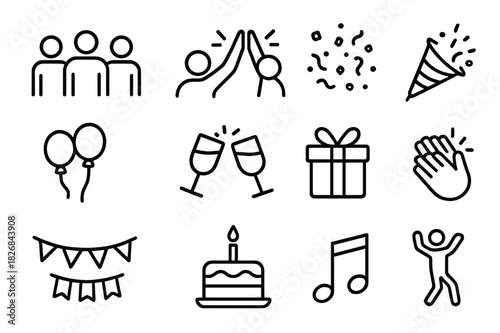 Team Celebration Icons. Team Celebration. Line icon set of Team Celebration: group of people, high five, confetti, party popper, balloons, toast, gift box,