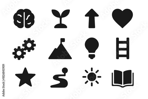 Mindset Icons Grid. Mindset development. Solid icon set of mindset development: brain, plant sprout, arrow up, heart, gears, mountain, light bulb, ladder,