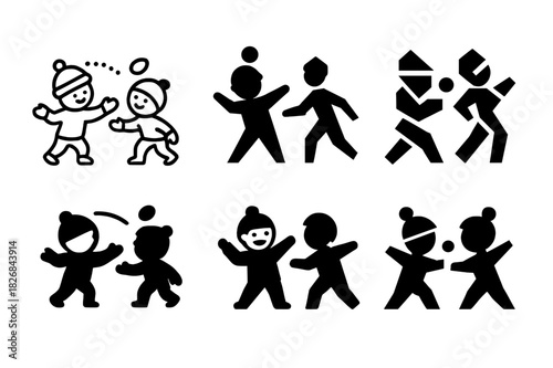 Playful Snowball Fight Logos. Snowball fight. Icon set. Set Logo of snowball fight: playful kids mid-throw with arcing snowballs. harmonious logo variations of