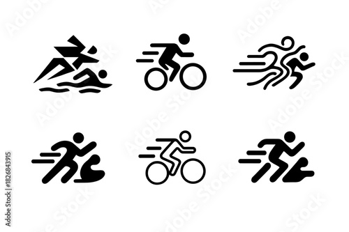 Triathlon Logo Variations. Triathlon. Icon set. Set Logo of triathlon: motion lines across three sports. harmonious logo variations of the same emblematic