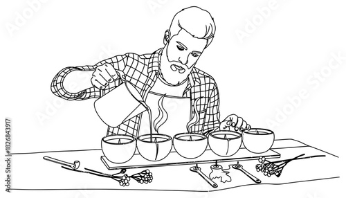 Man pouring wax into candles in a line on a table in a line drawing