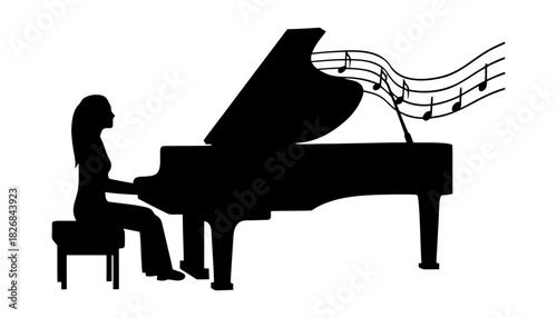 Silhouette of woman playing grand piano with music notes above it