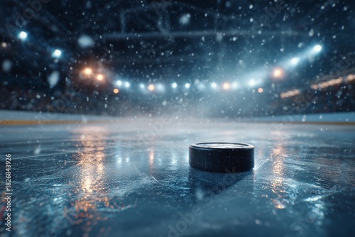 Hockey Puck Resting on Ice During a Snowy Night at the Arena