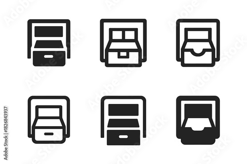 Home Storage Icons. Creating custom-designed home storage solutions. Icon set. Set Logo of creating custom-designed home storage solutions: sliding drawer.