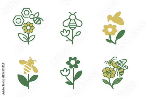 Bee Garden Logos. Seasonal items. Solid icon set of Seasonal items: beach towel, swimsuit, sandals, hat, sunscreen, cooler, picnic basket, travel bag, water