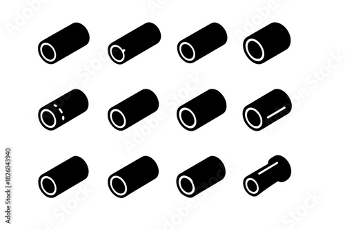 Pipe Material Icons. Pipe materials. Solid icon set of Pipe materials: steel pipe, copper pipe, PVC pipe, cast iron pipe, HDPE pipe, galvanized pipe, concrete