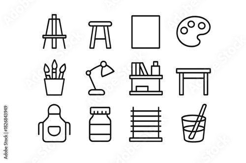 Art Studio Icons. Art studio. Line icon set of art studio: easel, stool, canvas, palette, brushes, lamp, shelf, table, apron, paint jar, drying rack, cup of