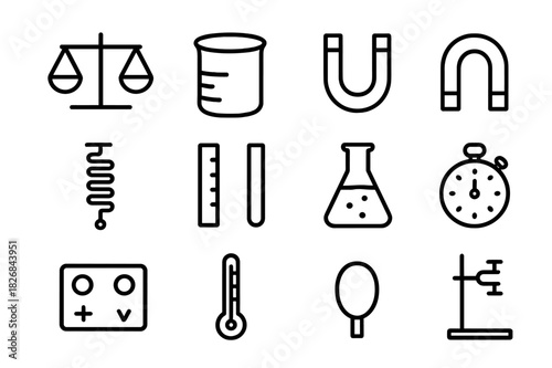 Physics Lab Icons. Physics lab equipment. Line icon set of physics lab equipment: balance scale, beaker, flask, magnet, spring, ruler, test tube, stopwatch,