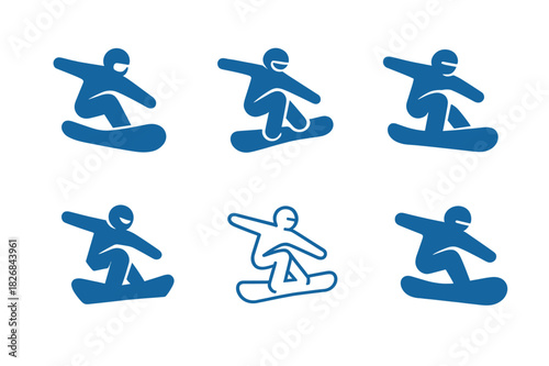 Snowboarding Logo Collection. snowboarding. Icon set. Set Logo of snowboarding: aerial trick icon. harmonious logo variations of the same emblematic concept,