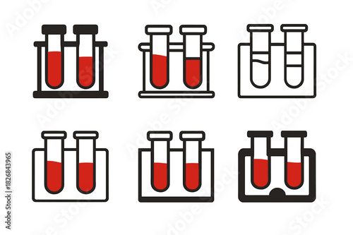 Blood Sample Logos. Blood sample in test tube. Icon set. Set Logo of blood sample: lab rack with test tubes. harmonious logo variations of the same emblematic