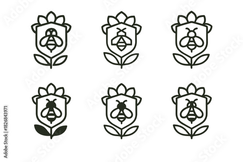 Bee-Friendly Logo Set. Protecting pollinators. Icon set. Set Logo of protecting pollinators: Bee-friendly garden. harmonious logo variations of the same