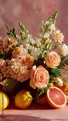 Beautiful Floral Arrangement With Citrus Fruits Placed on Soft Pink Background
