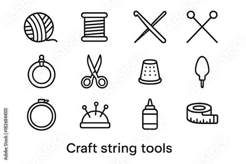 Craft String Tools Icons. Craft string tools. Line icon set of craft string tools: yarn ball, spool of thread, crochet hook, knitting needles, macrame ring,