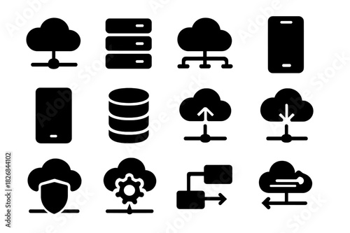 Cloud Network Icons. Cloud network. Solid icon set of Cloud network: cloud, server, laptop, smartphone, tablet, database, network lines, upload arrow, download