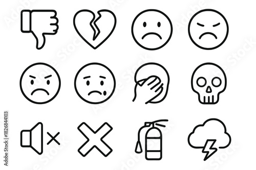 Negative Reaction Icons. Negative reactions. Line icon set of negative reactions: thumbs down, broken heart, frowning face, angry face, crying face,