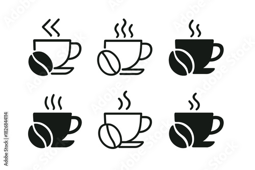 Espresso Icon Set. Espresso cup. Icon set. Set Logo of coffee beans beside cup. harmonious logo variations of the same emblematic concept (Abstract geometric,