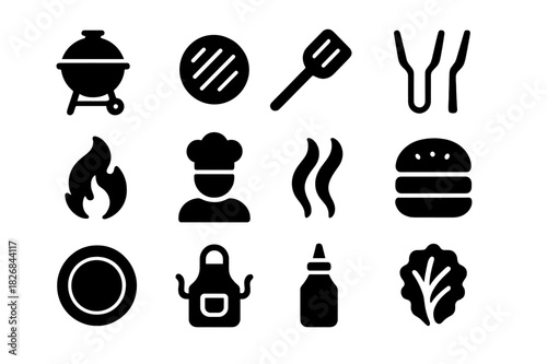 Barbecue Icon Set. Outdoor barbecue. Solid icon set of Outdoor barbecue: grill, burger patty, spatula, tongs, flame, chef, smoke, hamburger bun, plate, apron,