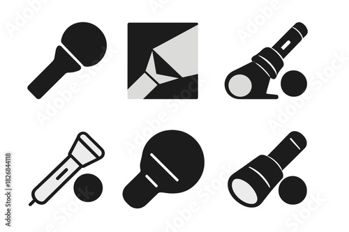 Flashlight Logo Variations. Using a flashlight in the dark. Icon set. Set Logo of flashlight: flashlight beam illuminating object. harmonious logo variations