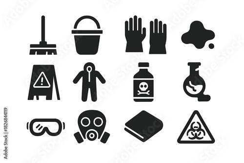 Emergency Cleanup Icons. Emergency Cleanup. Solid icon set of Emergency Cleanup: mop, bucket, gloves, spill, warning sign, hazmat suit, chemical bottle, broken