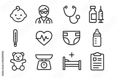 Pediatric Care Icons. Pediatric care. Line icon set of pediatric care: baby face, pediatrician, stethoscope, vaccine vial, thermometer, heart rate, diaper,