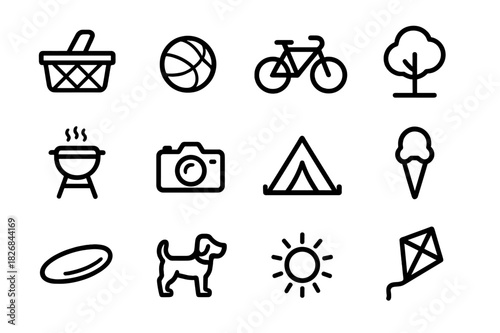 Family Weekend Icon Set. Weekend family activities. Line icon set of weekend family activities: picnic basket, ball, bicycle, park tree, barbecue grill, tent,