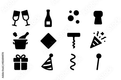 Toast Icon Collection. Toast celebration. Solid icon set of Toast celebration: champagne glass, bottle, bubbles, cork, ice bucket, cocktail napkin, wine
