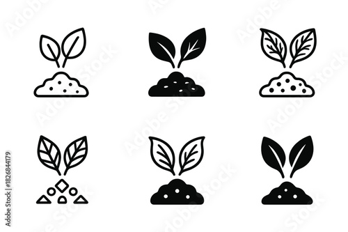 Humus Icon Set. Humus. Icon set. Set Logo of humus: decomposed leaves transforming into nutrient soil. harmonious logo variations of the same emblematic