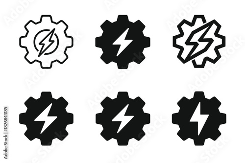 Mining Energy Logos. Efficient energy use in mining industries. Icon set. Set Logo of efficient energy use in mining industries: gear combined with lightning