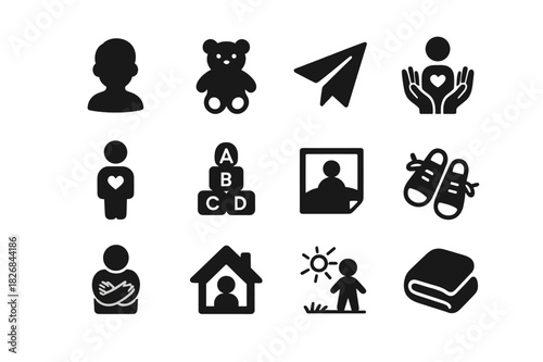 Inner Child Icons. Inner child. Solid icon set of Inner child: child silhouette, teddy bear, paper airplane, open hands, heart inside figure, toy blocks,