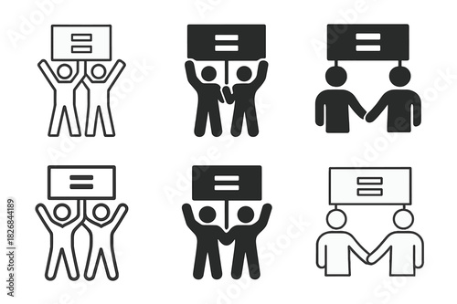 Equal Pay Icons. Demand for equal pay. Icon set. Set Logo of demand for equal pay: People holding equality banner. harmonious logo variations of the same