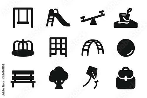 Playground Icons Set. Playtime Icons. Solid icon set of swing, slide, seesaw, sandbox, merry-go-round, jungle gym, climbing frame, ball, bench, tree, kite,