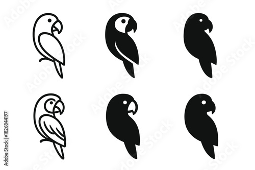 Rainforest Animal Icons. Rainforest animals. Icon set. Set Logo of macaw parrot. harmonious logo variations of the same emblematic concept (Minimal outline,