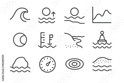 Tide Icon Collection. Tide. Line icon set of Tide: ocean wave, high tide, low tide, tide chart, moon phase, water level marker, shoreline, buoy, coastal rock,