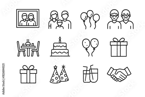 Family Celebration Icons. Family Celebration Icons. Line icon set of Family Celebration Icons: gift box, cake, balloons, dining table, parents, children,