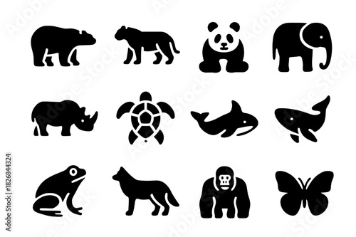 Endangered Animals Icons. Endangered animals. Solid icon set of endangered animals: polar bear, tiger, panda, elephant, rhino, sea turtle, whale, eagle, frog,
