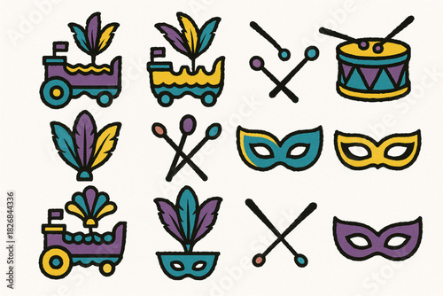 Carnival icon set torn vector ripped style floats drums feather fans sticks masks on white background