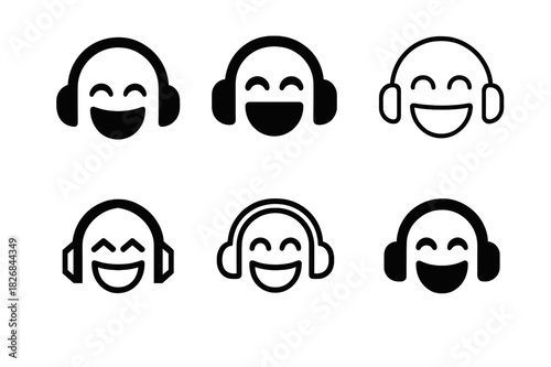 Comedy Podcast Logos. Comedy Podcast. Icon set. Set Logo of Comedy Podcast: headphones with laughing face. harmonious logo variations of the same emblematic