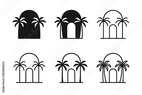 Destination Wedding Logos. Destination weddings and honeymoon destinations. Icon set. Set Logo of destination weddings: palm trees and archway. harmonious logo