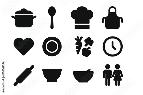 Cooking Together Icons. Cooking together. Solid icon set of cooking together: pot, spoon, chef hat, apron, knife, heart, plate, vegetables, clock, rolling pin,