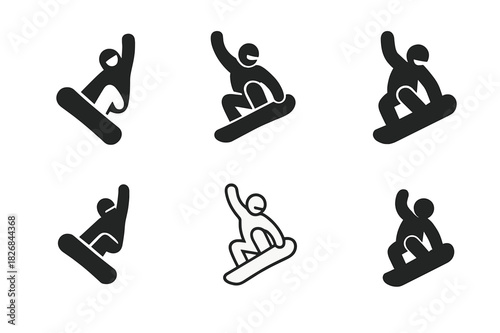 Snowboarding Logo Collection. snowboarding. Icon set. Set Logo of snowboarding: aerial trick icon. harmonious logo variations of the same emblematic concept,