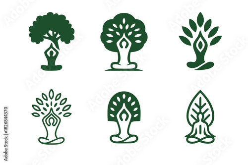 Nature Wellness Logos. Nature-based wellness tourism. Icon set. Set Logo of wellness tourism: yoga pose under tree. harmonious logo variations of the same