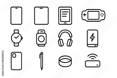 Mobile Device Icons. Mobile Devices. Line icon set of Mobile Devices: smartphone, tablet, e-reader, handheld game console, wearable, portable speaker, wireless