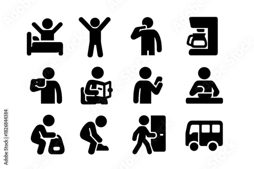 Daily Rituals Icons. Daily rituals. Solid icon set of Daily rituals: wake up, stretch, brush teeth, brew coffee, sip mug, read news, check phone, eat