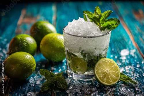 Refreshing Mojito Cocktail With Lime and Mint on a Cool Blue Background