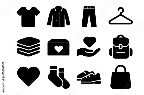 Clothing Donation Icons. Giving Clothes. Solid icon set of donation box, t-shirt, pants, coat, hanger, folded clothes, backpack, hand giving, heart, socks,