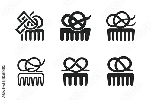 Tangled Hair Logos. Tangled hair. Icon set. Set Logo of tangled hair: Hair strands looping around comb. harmonious logo variations of the same emblematic