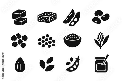 Plant Protein Icons. Plant protein sources. Solid icon set of plant protein sources: tofu, tempeh, edamame, black beans, chickpeas, lentils, hemp seeds,